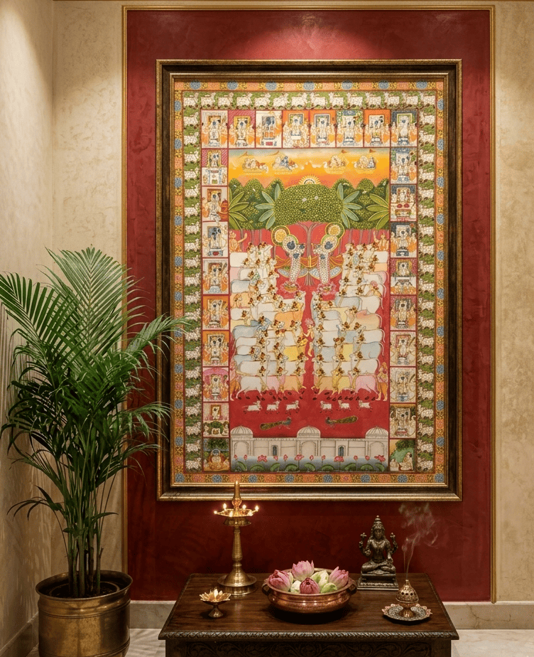 Gopashtami Pichwai Painting with Cows & 24 Darshan Border | Handmade Nathdwara Art (48x72 inch)